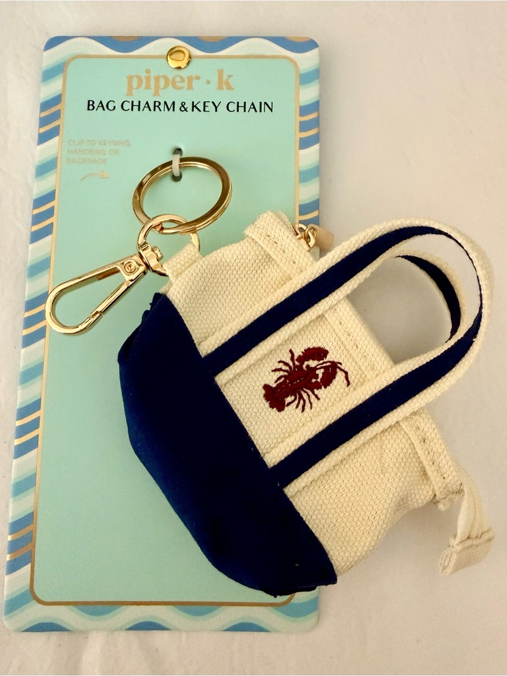 piper•k Cream & Navy Mini Tote Bag Charm with Red Lobster